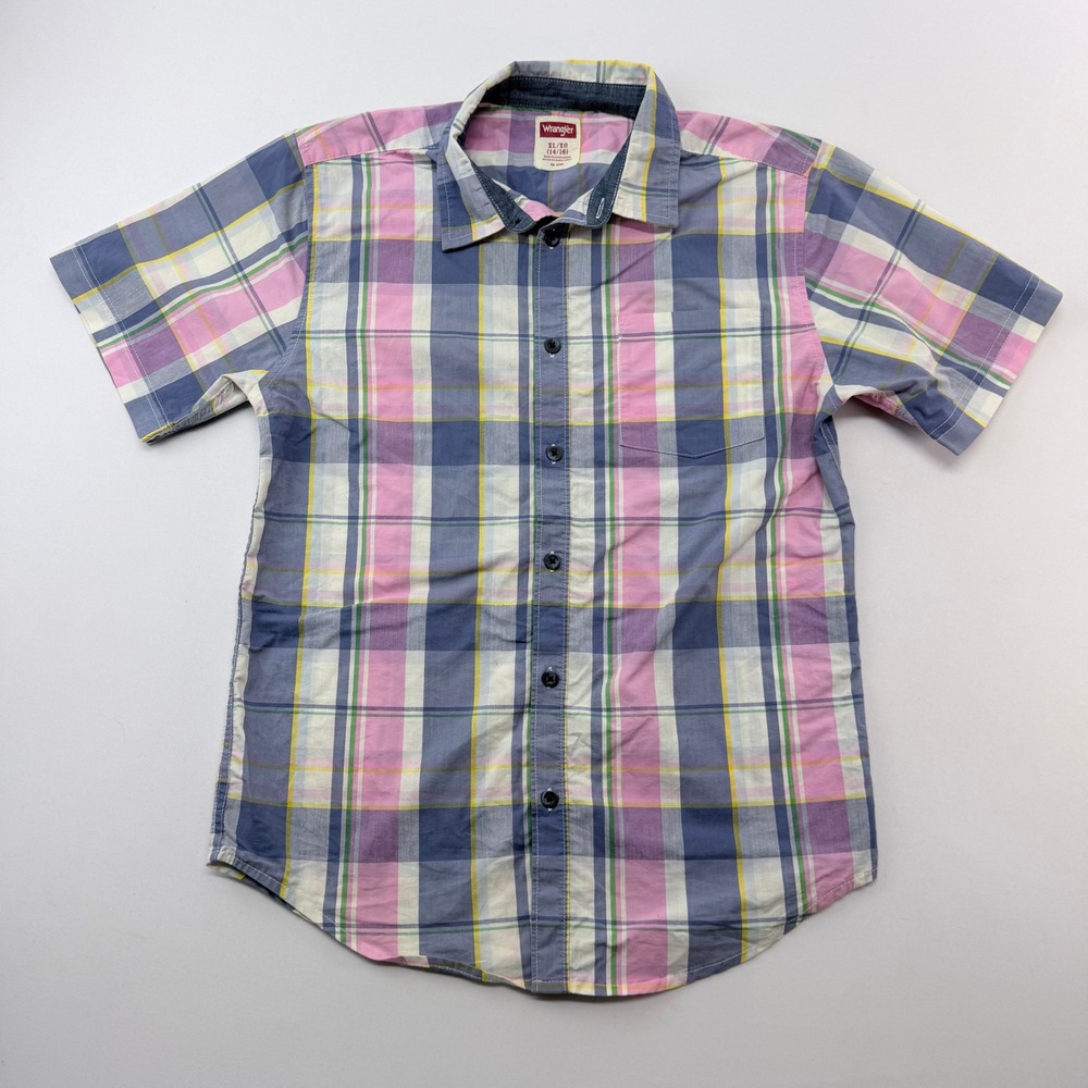 Wrangler Boys XL 14/16 Short Sleeve Plaid Button Down Shirt Pink Blue